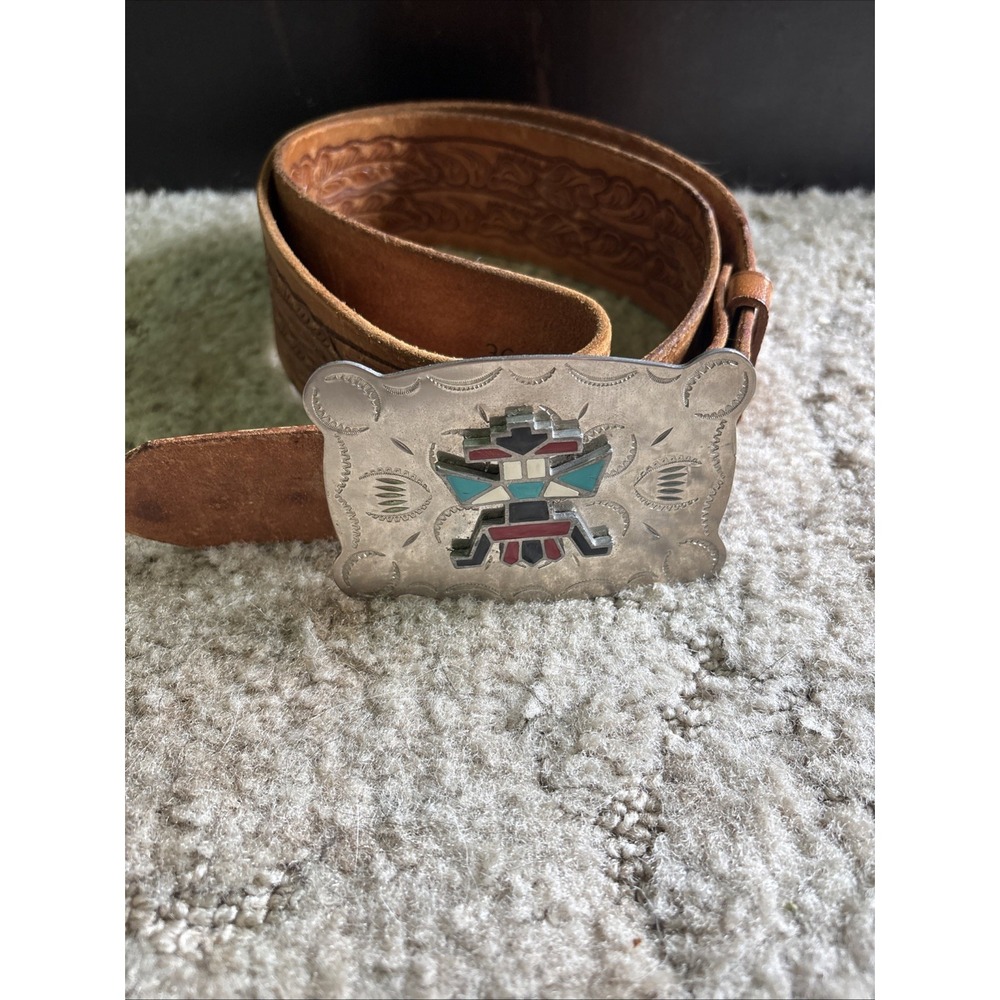 Justin Tooled Leather Belt Southwest Silver Concho Buckle Size 36